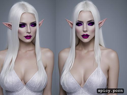 purple clothes, perfect slim albino female elf, purple eyes