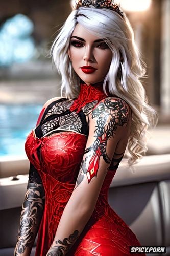ultra realistic, k shot on canon dslr, ultra detailed, ashe overwatch sexy tight low cut red lace dress tiara tattoos beautiful face full lips milf full body shot