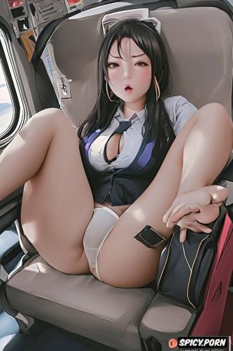 beautiful young face, inside of an airplane, spreading her legs
