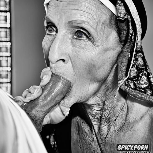 hyper realistic, extremely old skinny granny nun sucking dick