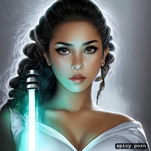 small face, lactating, squeezing, moonlight, light saber, jedi woman