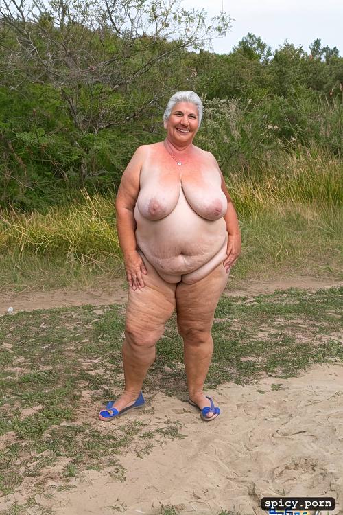 full front view, thick, 71 yo, very massive natural melons exposed