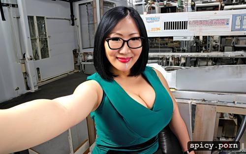 glasses, 50 yo, chubby body, korean lady, light hair, factory