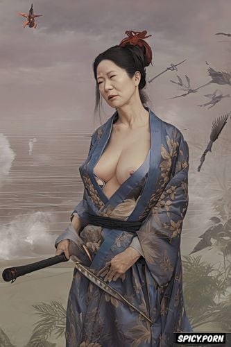 old japanese grandmother, torn kimono, lifting one knee, scythe