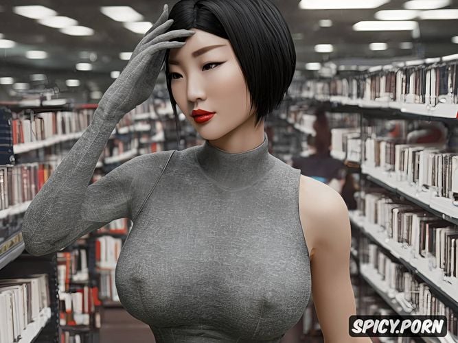 sharp detail, full body, library, asian lady, cute face, hourglass figure body