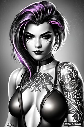 high resolution, k shot on canon dslr, tattoos masterpiece, sombra overwatch beautiful face young sexy low cut black and white bodysuit