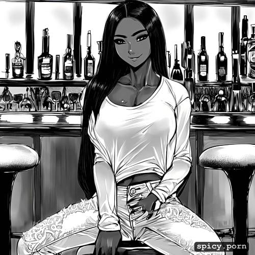 detailed face, thai teen sitting in bar, dark skin, shy, intricate long hair