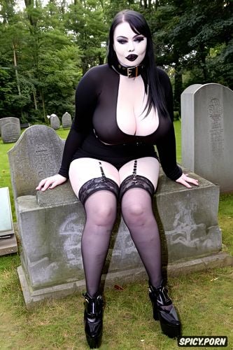 low cut black dress, pale white skin, sitting on a gravestone