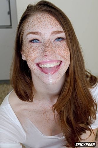 exited teen model face, freckled white teen, shirt pulled open