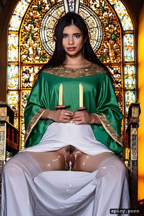 sit on throne, saint mary, halo, cum covered pussy, teen face
