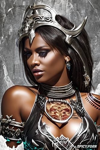 high resolution, ultra realistic, k shot on canon dslr, barbarian queen ebony skin beautiful face milf tight black leather armor and ripped pants tiara tattoos masterpiece