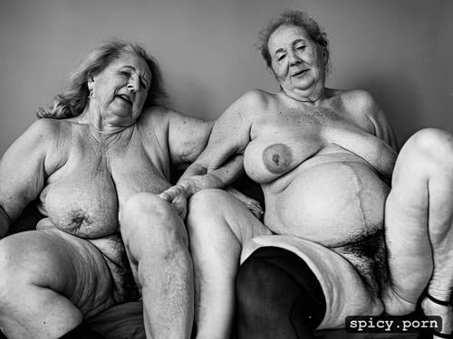 two 80 year old grannies, medium length ginger hair, realistic color photography