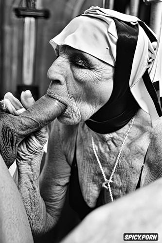 church altar, stained glass windows, skin detail, blowjob, extremely old skinny granny nun sucking dick