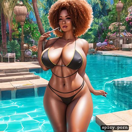 huge breasts, 30 years, exotic milf, pool, chubby body, huge afro