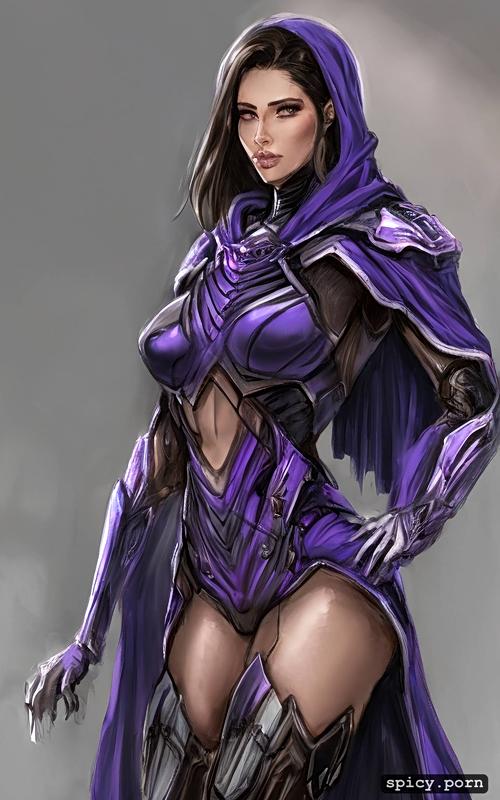 human, engineered, fs, byjustpixels, full shot, wearing a purple cloak