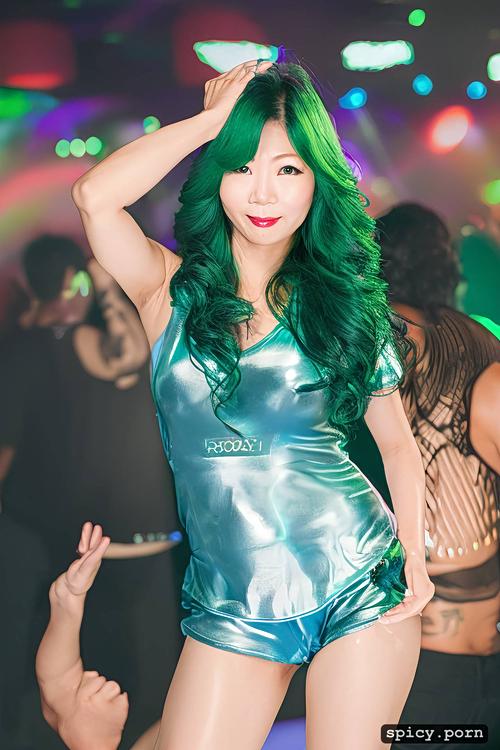 centered, green hair, dancing in a club, cyborg, cute face, seductive