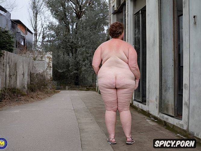 insanely large very fat floppy breasts, standing straight in east european high apartment concrete buildings populated streets with people in backround