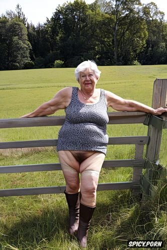 saggy, dimpled, leg up leaning on fence, wild extremely hairy pussy