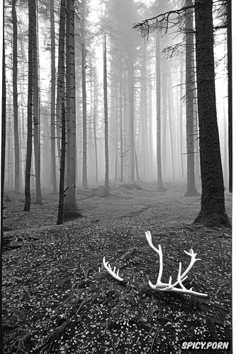 holds a deer skull with antlers above his head with both arms