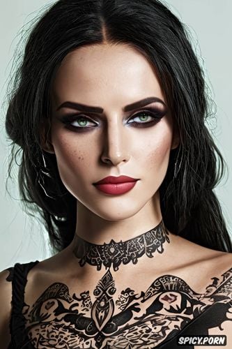 high resolution, ultra detailed, ultra realistic, yennefer of vengerberg the witcher beautiful face young full nude tattoos masterpiece