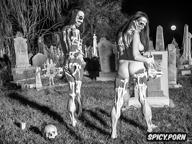 cemetery, full shot, female, skeleton cosplay, full body shot
