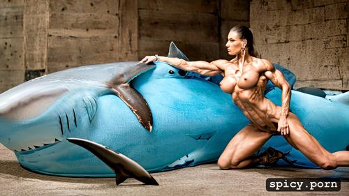 nude muscle woman vs shark, frekles, photorealistic, style photo