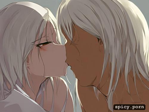 kissing, facesitting, tan skin female, mirko, rabbit, thick white hair