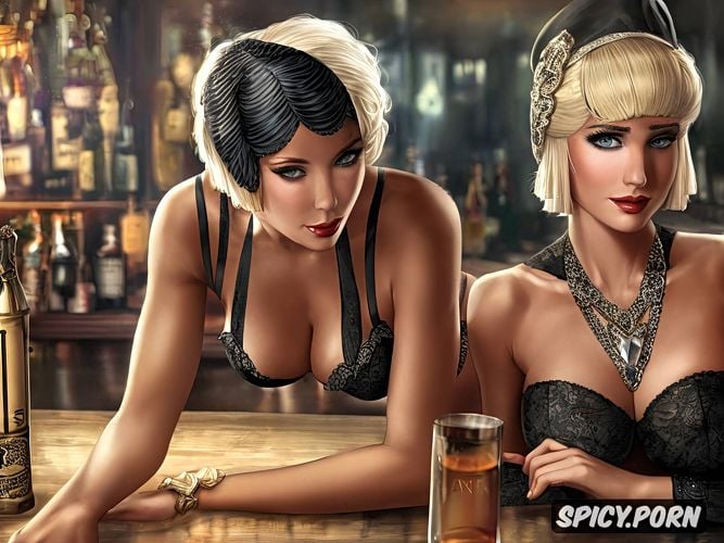 sitting legs open, big breasts, short blonde hair, next to a bar in a speakeasy