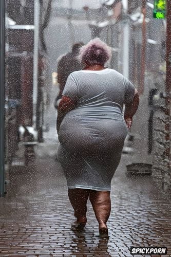 front view, obese loose belly popping out, long street, low light