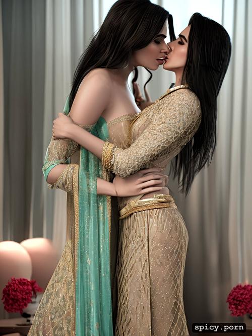 photorealistic, no blouse, saba qamar lesbian kiss, proper proportional face and body