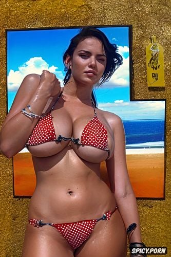 beautiful face, huge natural boobs, polka dot bikini, ankel braclets