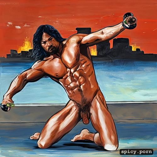 man with muscles doing seppuku naked with hard on