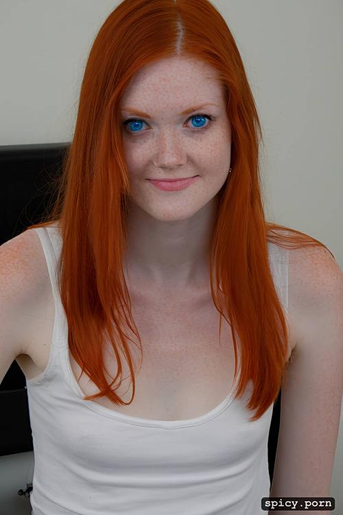 white tank top, skinny, redhead, flat chest, blue eyes, bottomless nude