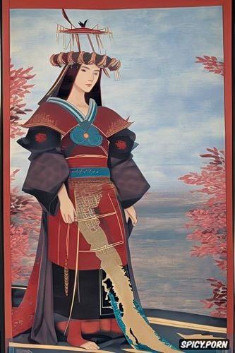 wearing red tunic, dimensional, gold frame, carpet texture, flat painting japanese woodblock print