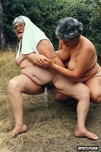 saggy breasts, obese, pissing, nun, grey hair, squatting, old fat