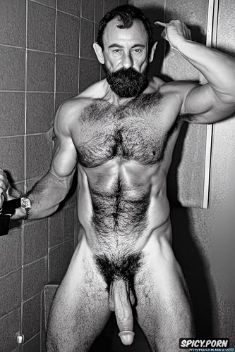 focus in hairy old man massive bodybuilder, beard face, strong hard leg showing his big hard uncut dick in the bathroom