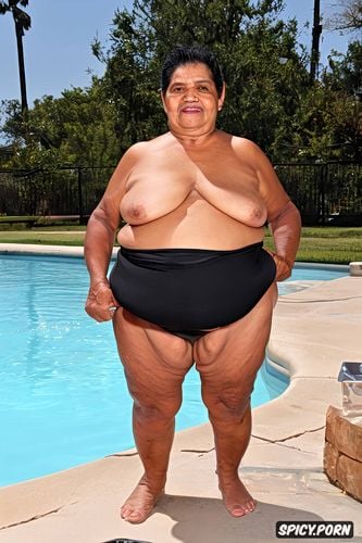 topless, ssbbw belly, shaved, at urbain pool, an old fat mexican granny standing