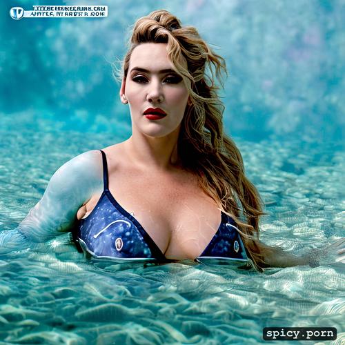 ultra detailed, highres, kate winslet as blue alien from the movie avatar kate winslet swimming underwater near a coral reef wearing tribal top and thong