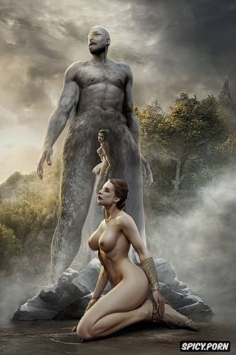 naked princess kneeling, covered in cum and naked man natural gray skin huge thick dick standing above her 1 8