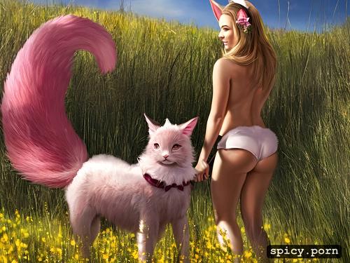 she is standing in a field, playing together, all naked, but also a bit shy and timid she wears a pink collar and a bow on her head she is the perfect companion for anyone who likes cuddles and fun