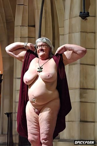 very old granny nun, gray pussy, pierced nipples, church, stained glass windows