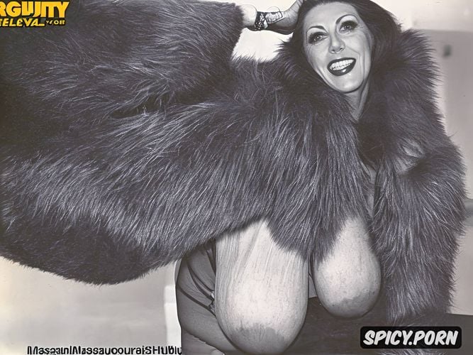 kodak film, woman wearing oversized fur coat, gilf, gigantic breasts