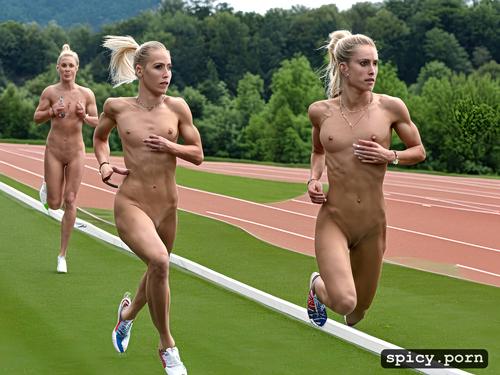 all runners completely nude, thin landing strip, sharp focus