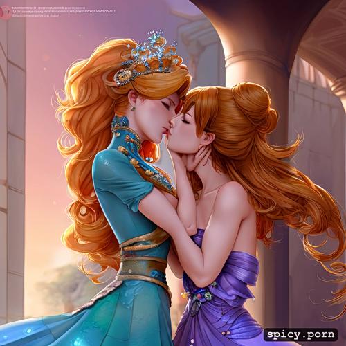 attractive, hd, cute, seductive, 3d, 4k, pretty, close up of princess peach and princess daisy naked kissing in the castle courtyard