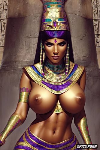 tits out, upper body shot muscles, femal pharaoh ancient egypt egyptian pyramids pharoah crown royal robes beautiful face milf topless