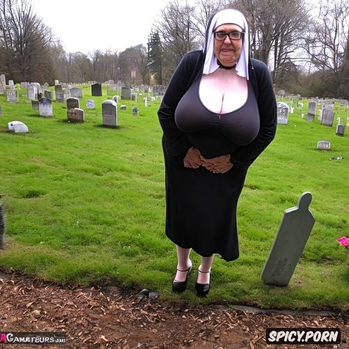 traditional catholic nun, hanging breasts, cellulite, spread with the fingers large pussy labia