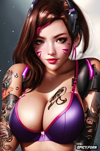 d va overwatch beautiful face young full body shot, tattoos small perky tits tits out masterpiece