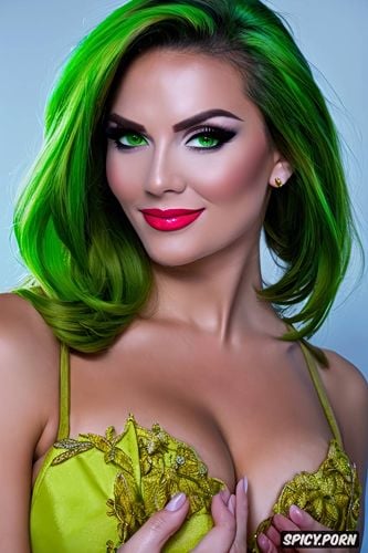 russian crossdresser, smile, green hair, manly face, broad shoulders