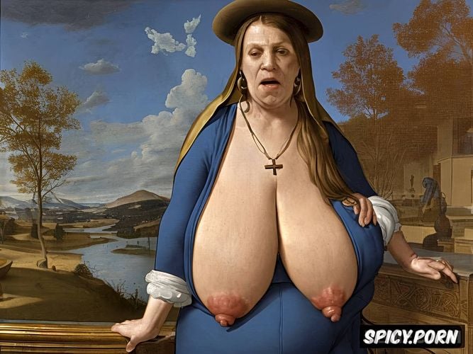 realistic, looking at viewer, nun, pubic hair, hat, gigantic breast1 6