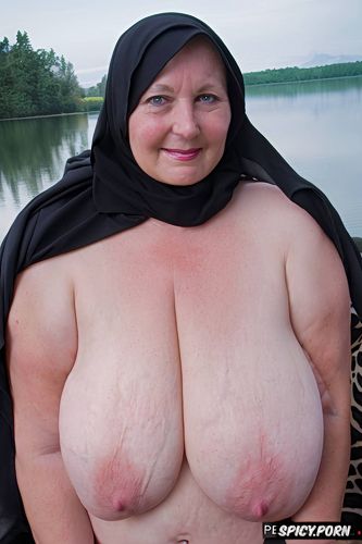 best quality, huge sagging breasts, fifty of age, hijab, bbw